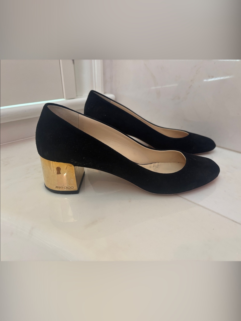 Jimmy Choo Black Suede Mid Block Heel Pumps with Gold Accent 39.5